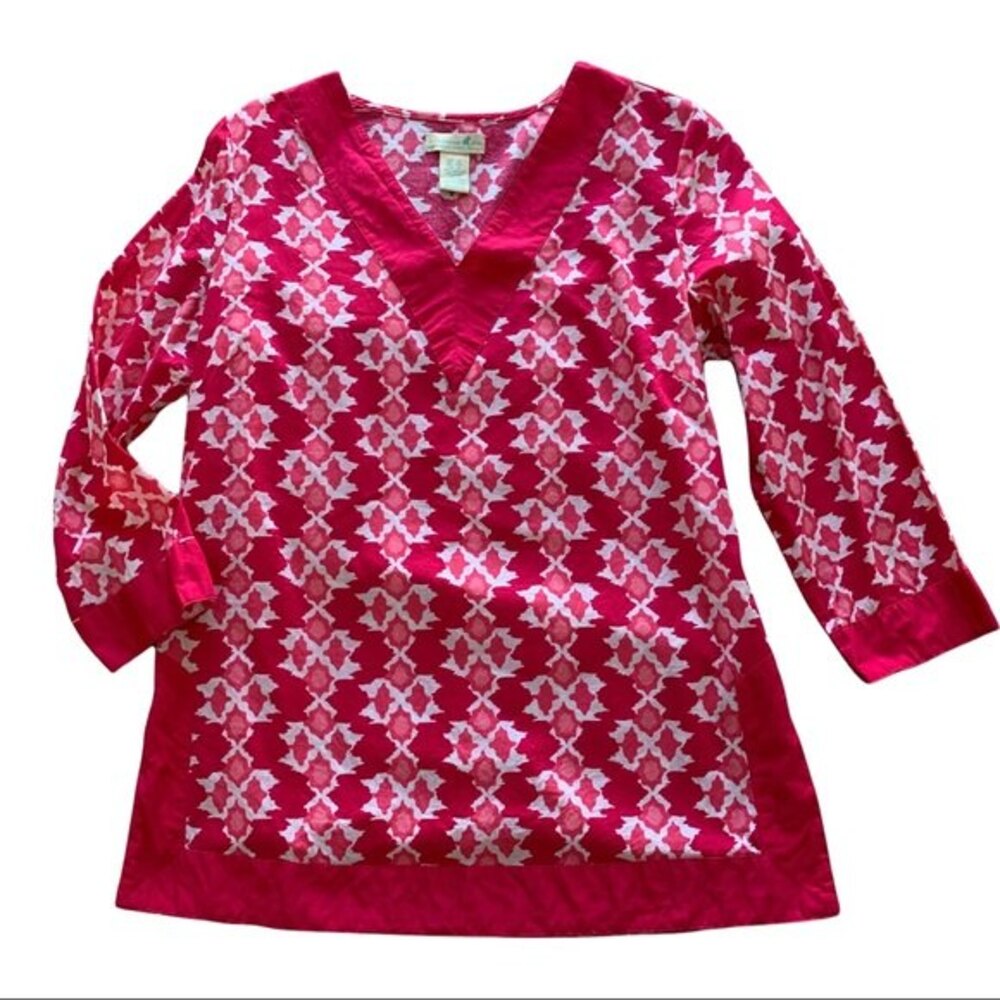 Caribbean Joe Geometric Print Tunic Blouse Small Hot Pink 100% Cotton